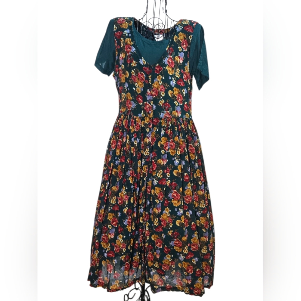 VTG S. Roberts Floral Cotton Dress M Cottagecore Grannycore Button Midi Lined